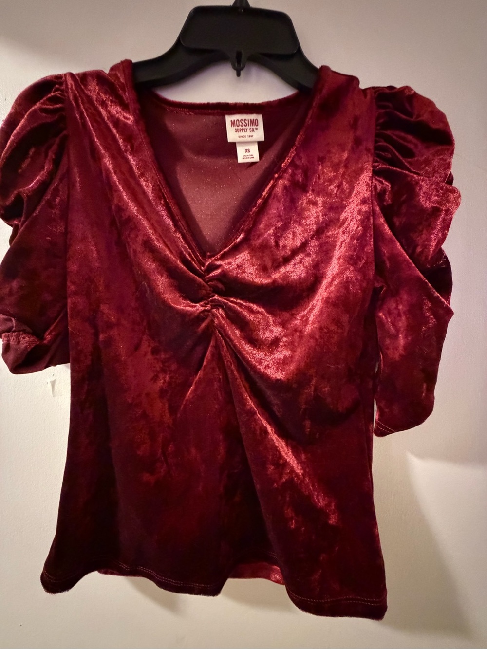 Mossimo Supply Co. Wine Velvet Twist-Front Puff Sleeve Top